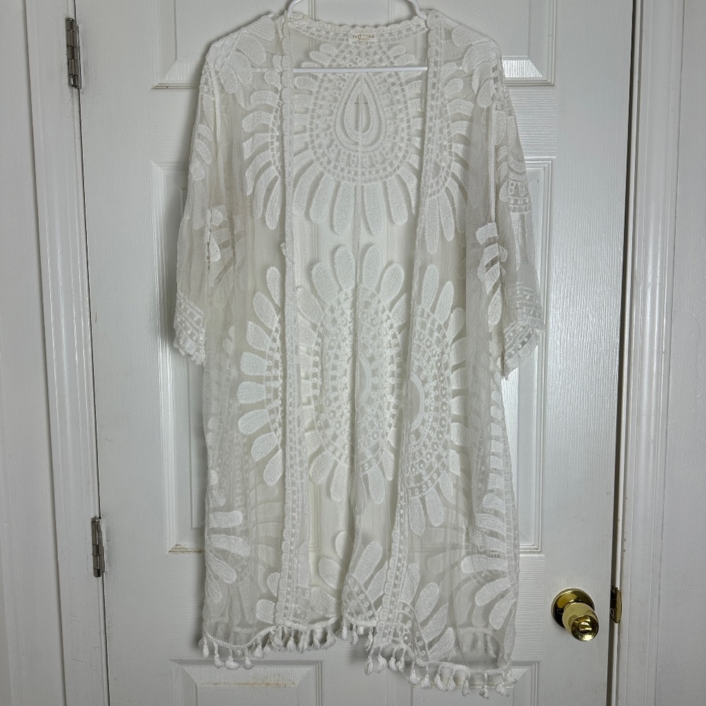 Everleigh White Lace Floral Tropical Vacation Beach Long Kimono Women Size 1X